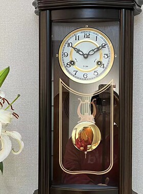 实木机械挂钟新中式整点报时上链发条挂钟打响老式欧式钟表美式
