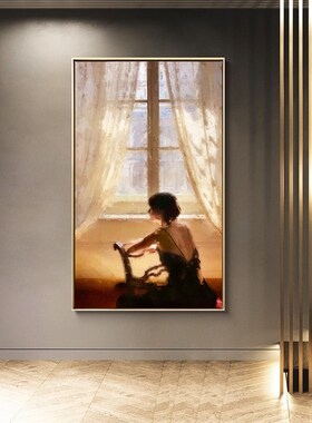 样板间背影优雅美少女窗口纱装饰E画客餐厅卧室挂画巨幅落地画