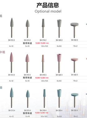 道邦硅胶抛光磨头SH-3系列 天然牙临床烤瓷冠光固化树脂精细抛光