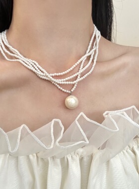 白色多层叠戴珍珠吊坠项链女2025