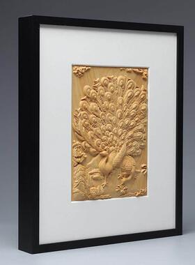 铭聚崖柏新中式孔雀开屏挂画客厅玄关装饰画浮雕画现代壁画餐厅工