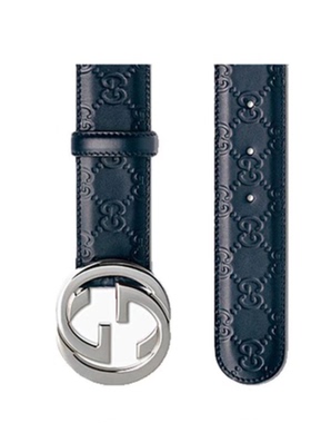 Gucci/古驰  银标大双G压花深蓝色麂皮内里4CM宽 经典正品皮带
