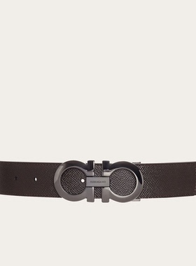 FERRAGAMO/菲拉格慕 枪色扣黑棕双面颗粒纹腰带3.5CM宽正品皮带