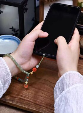 甄选天然和田玉晴水串珠手机链新中式古风手工设计感档挂绳可挂手