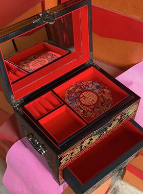 甄选传统推光漆器工艺首饰盒 手工漆画新娘礼品盒 婚礼珠收纳盒设
