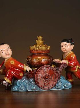 黄铜运财童子推车挑财送财摆件招贵人家居装饰开业礼品