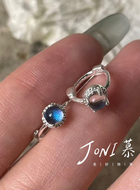 清冷风天然蝴蝶翅膀戒面耳扣S925纯银耳环小众高级感蓝光耳饰女