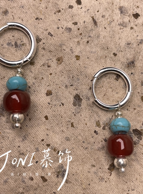 复古藏式红玛瑙绿松撞色耳环