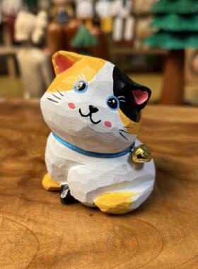 手工木雕椴木可爱铃铛小猫办公桌办公桌桌面摆件