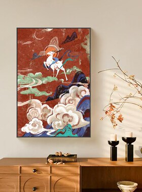 新中式玄关装饰画寓意好的过道走廊敦煌壁画红色艺术客厅挂画福鹿