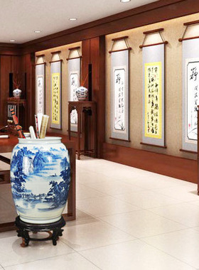 景德镇陶瓷器新中式青花瓷卷轴缸书画缸字画缸收纳书房摆件装饰