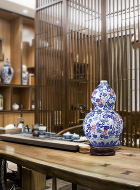 景德镇陶瓷器青花瓷仿古手绘釉里红葫芦花瓶客厅摆件家居酒柜装饰