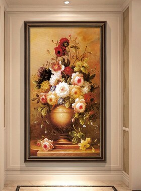 美式入户玄关装饰画走廊过道壁画欧式油画肌理大气背景墙花卉挂画
