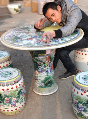 景德镇陶瓷名师手绘粉彩庭院阳台凳子瓷桌子1桌4凳套装百子图