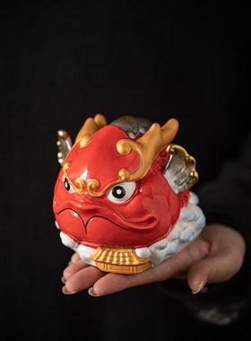创意国潮风公瑞四灵金蟾摆貅陶瓷貔件家居办祥桌面装饰礼品摆设