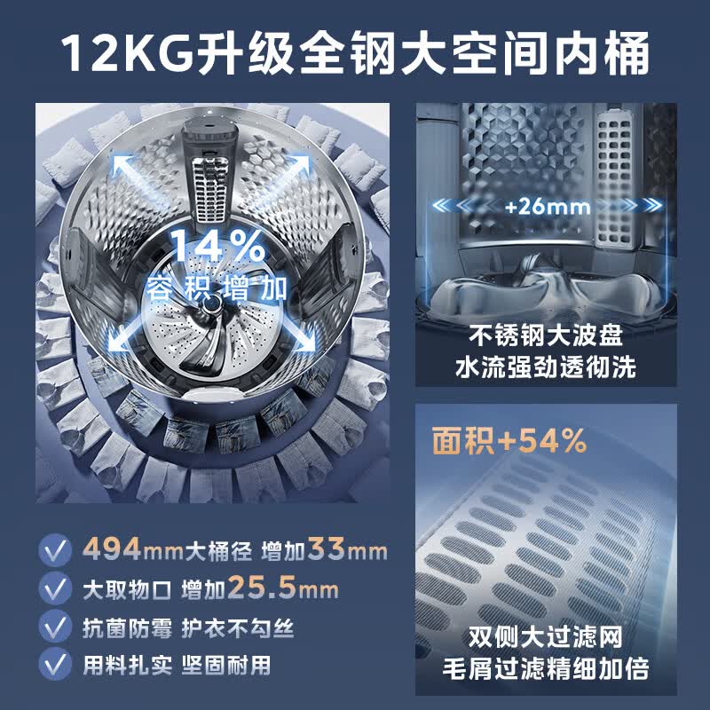 小天鹅小乌梅5.0波轮洗衣机全自动家用12KG大容量水魔方TB12K60
