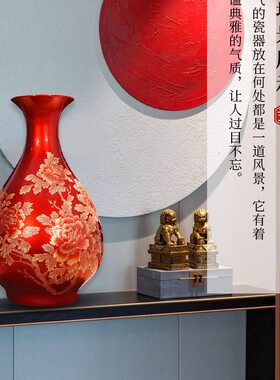 甄选景德镇陶瓷器牡丹花仿古中式客厅电视柜插花装饰品家居瓷摆件