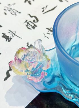 杭州景区国色天香琉璃杯蓝紫渐变牡丹琉璃咖啡杯桌面摆件茶具7691