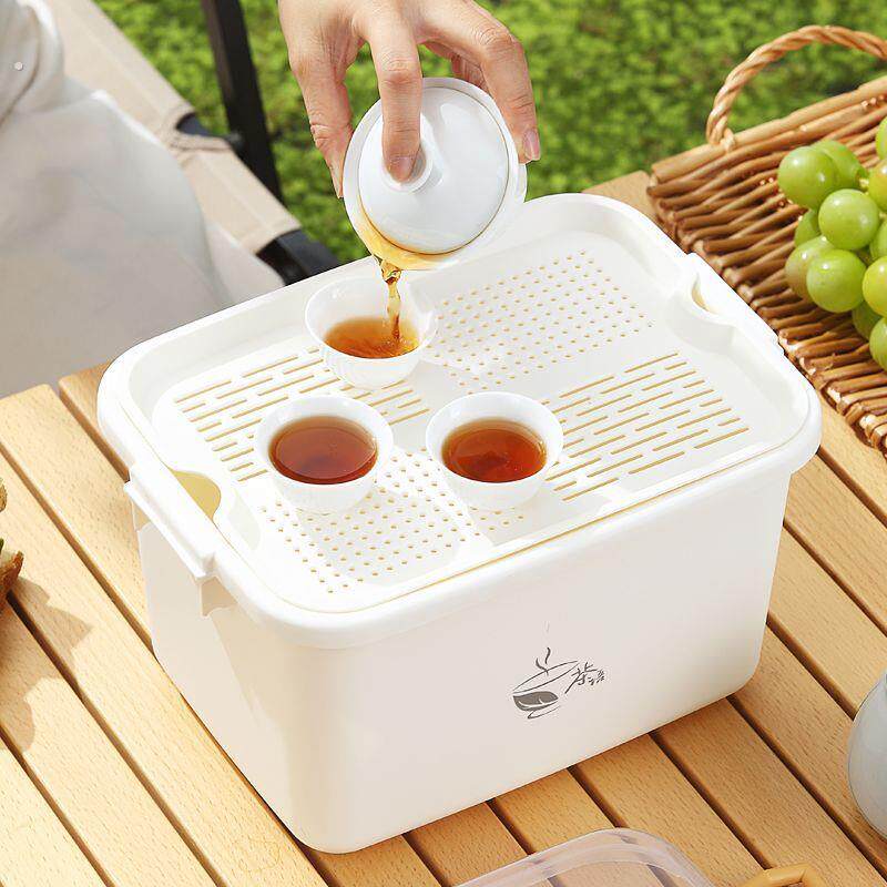 Plastic tea tray, portable kung fu tea set, tea cup portable storage box, household simple tea cup tray, drain storage