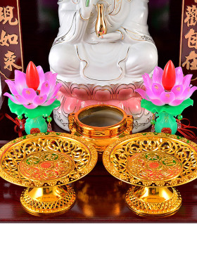 实木佛光普香佛家陶瓷观音菩萨像照炉莲花灯套装保平安龛摆件