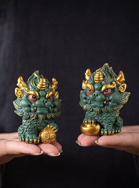 国潮招财麒麟开对桌面摆件中式礼兽彩金手绘工艺品一业乔迁送瑞物