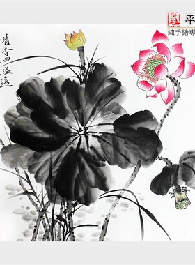 醉迂纯手绘精品国画水墨写意花鸟客厅酒店装饰壁画荷花斗方四联画