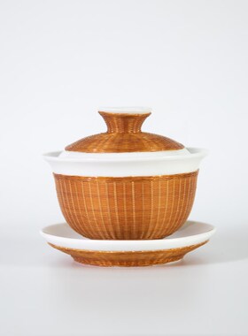 竹丝扣瓷中式泡茶盖碗四川非遗手工艺瓷胎竹编三才杯功夫茶具茶碗