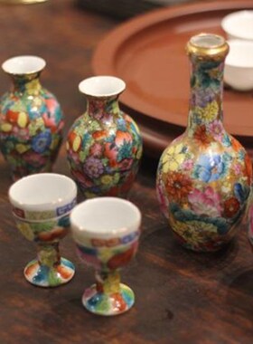 广彩花瓶 70年代潮州出口创汇陶瓷器 手彩小净瓶胆瓶 小白酒杯