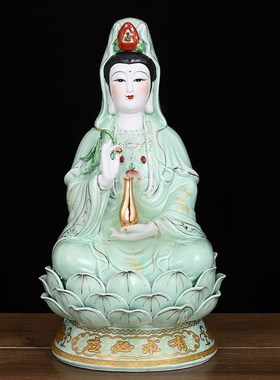 陶瓷南海绿衣观佛奉萨音像 供菩家用客厅摆件坐莲观世音