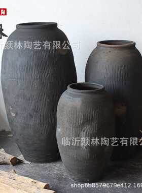 落地翁瓶黑灰色新派设计复古陶罐花盆粗陶瘦高花瓶陶罐INS自然风