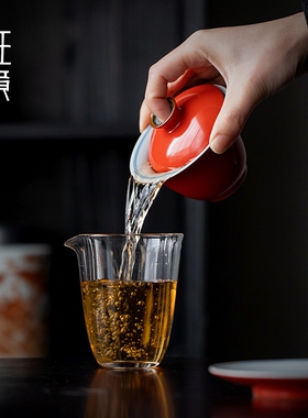 珊瑚红手绘双线陶瓷三才盖碗茶杯单个家用茶碗防烫功夫茶具泡茶器