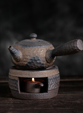 手工粗陶温茶器 复古陶瓷侧把壶做旧铁锈釉蜡烛暖茶炉茶壶煮茶套