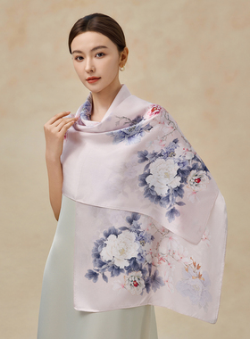 红豆旗舰店2026春夏季真丝丝巾100%桑蚕丝印花长巾披肩女老师礼物