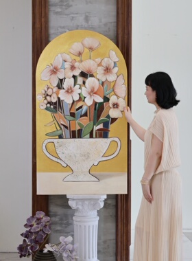 金色鸢尾花手绘油画装饰客厅玄关法式现代风格圆形弧形半圆形框