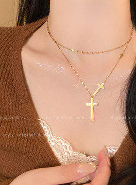 金色双十字架钛钢项链女小众设