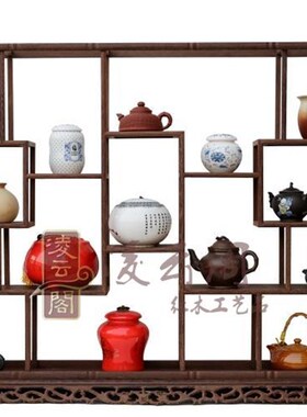 红实木雕工艺品方形小博古架奇石玉器古玩董紫砂茶壶具木托摆件
