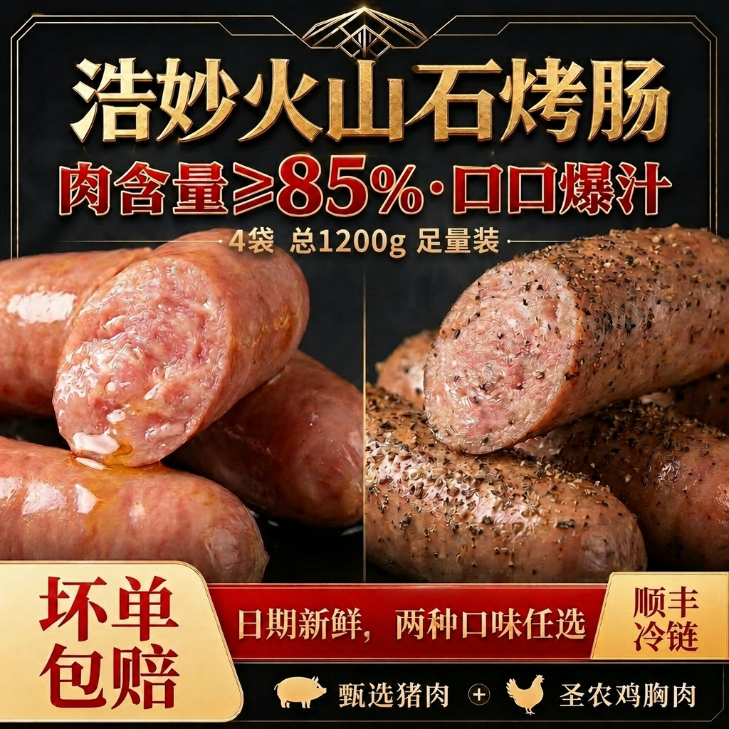 浩妙（食品）火山石烤肠百分之85肉含量肉质紧实冷链直发优质猪肉香肠