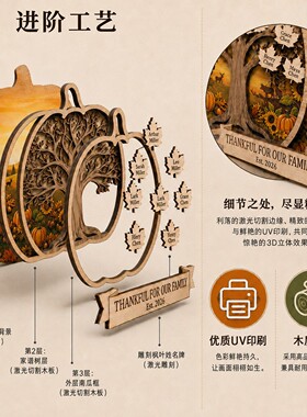 3d立体多层南瓜木质牌家庭树丰收节秋天装饰挂牌枫叶名字万圣节