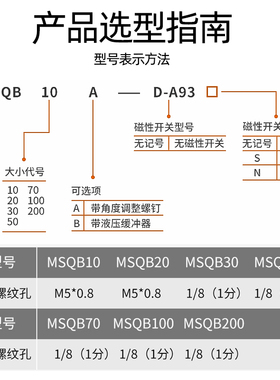 旋转气缸MSQB10A/20A/30A/50/70/200/R回转90度180度摆台HRQ100A