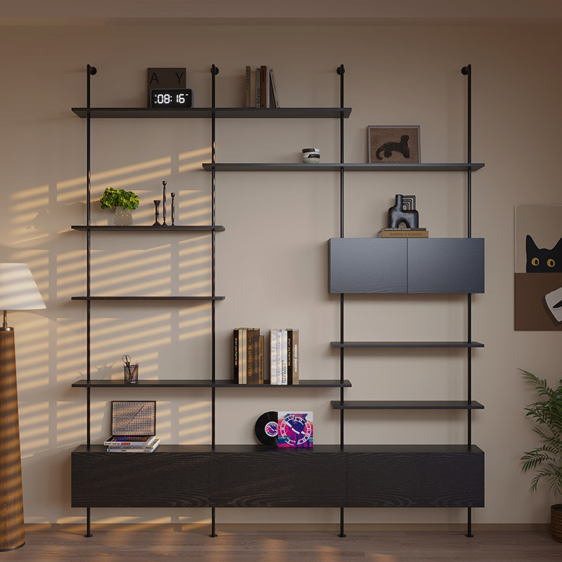 意式极简书架隔板展示架中古风客厅陈列铁艺置物架一体式靠墙书柜