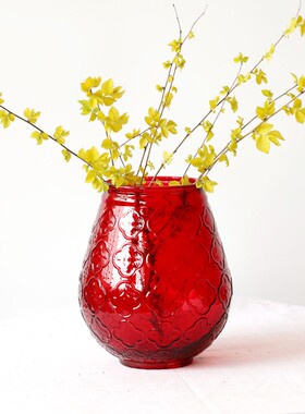 大红色玻璃花瓶复古海棠花图案大肚瓶新婚喜庆摆件客厅装饰插花器