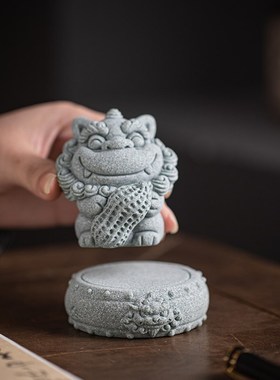 中式麒麟兽首石鼓盖置茶宠摆件垫底杯垫底座配件客厅桌面造景装饰