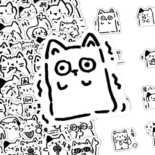 216张ins风简约黑白简笔画小猫贴纸包手绘线条搞怪猫咪贴画手账咕卡行李箱手机壳防水不干胶装饰贴画 - 图1