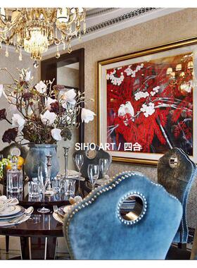 四合艺术武林外滩纯手绘油画红色花鸟玄关装饰画高端定制手工挂画