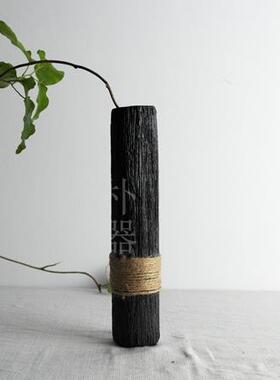 朴器 粗陶花瓶陶艺花器花艺摆件 家居装饰水培花插绑麻绳仿木纹