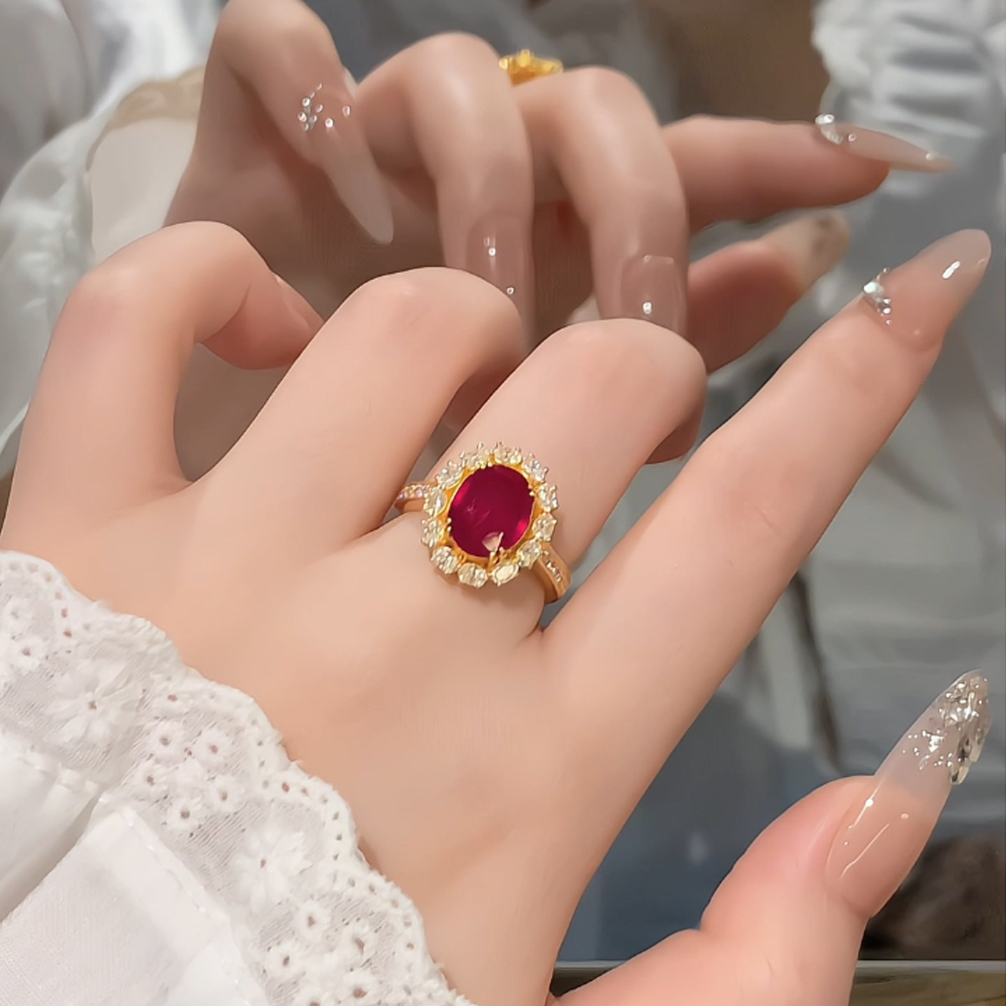 De Share Lilac Jewelry Gold Ring Women's Pure Gold 999 Ring Inlaid Ring Crimson Rising Sun Original