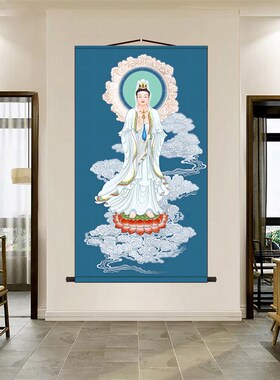 白衣观音神像菩萨画像观世音佛家挂图供奉装饰画卷轴挂画丝绸画