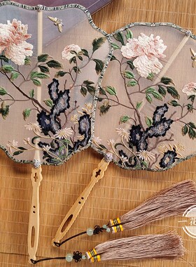 牡丹刺绣团扇仿古宫扇古风舞蹈扇子汉服宫廷演出道具国风圆扇