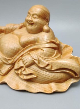 崖柏荷叶弥勒木雕手工摆件 木质工艺品汽车车内摆件礼品工厂
