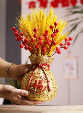 乔迁客厅装饰品开业新年金黄麦穗旺财花瓶福袋大麦招财摆件金麦子
